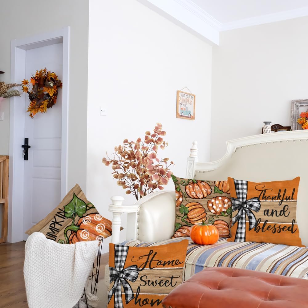 GEEORY Fall Wood Pumpkin Buffalo Plaid Sweet Home Pillow Covers 18x18 Set 4