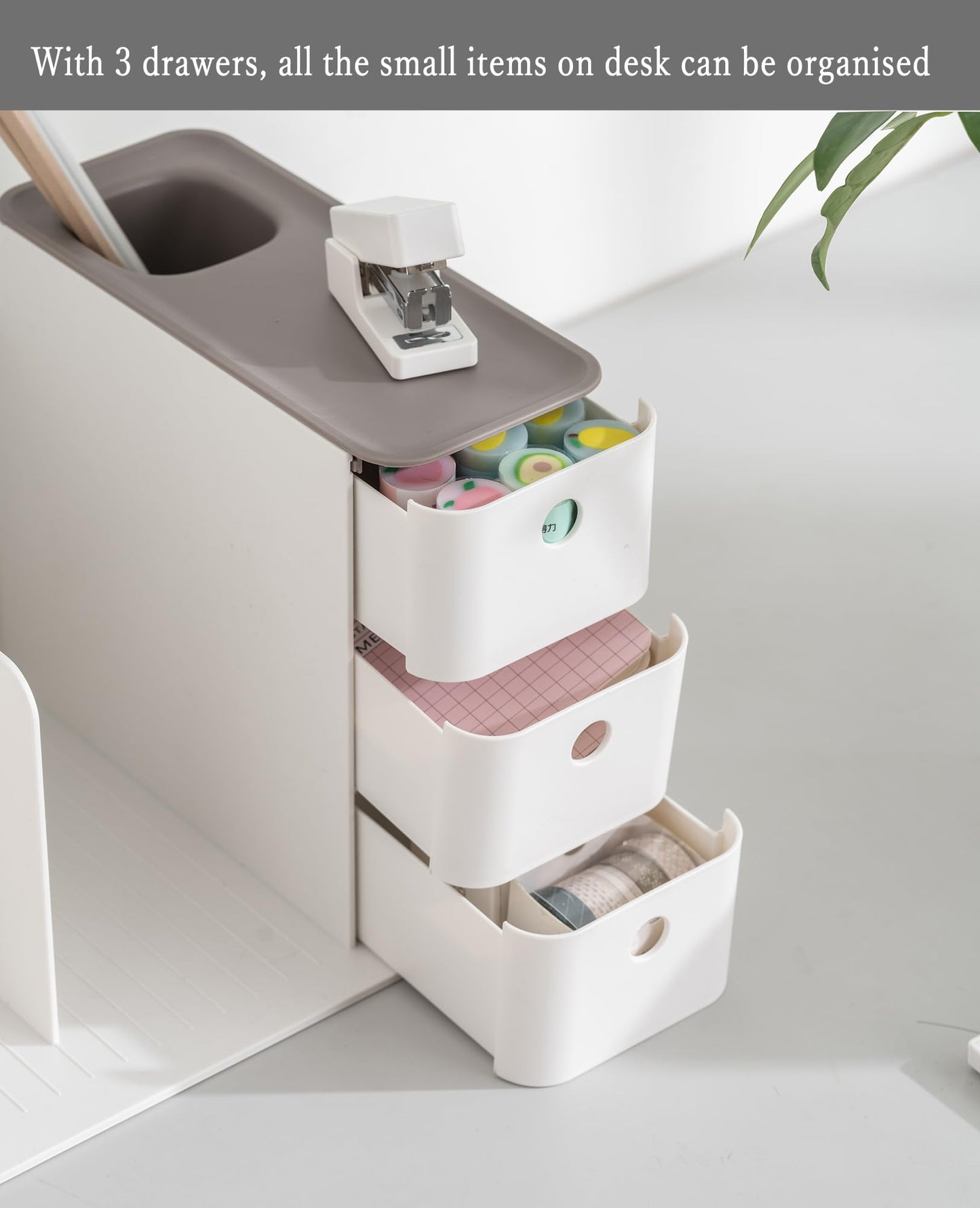 HKeeper White Plastic Desktop Organizer with File slots,3-tier Drawers with Pen Holder,Book Stand for Office Supplies and Desk Accessories (White+Grey)