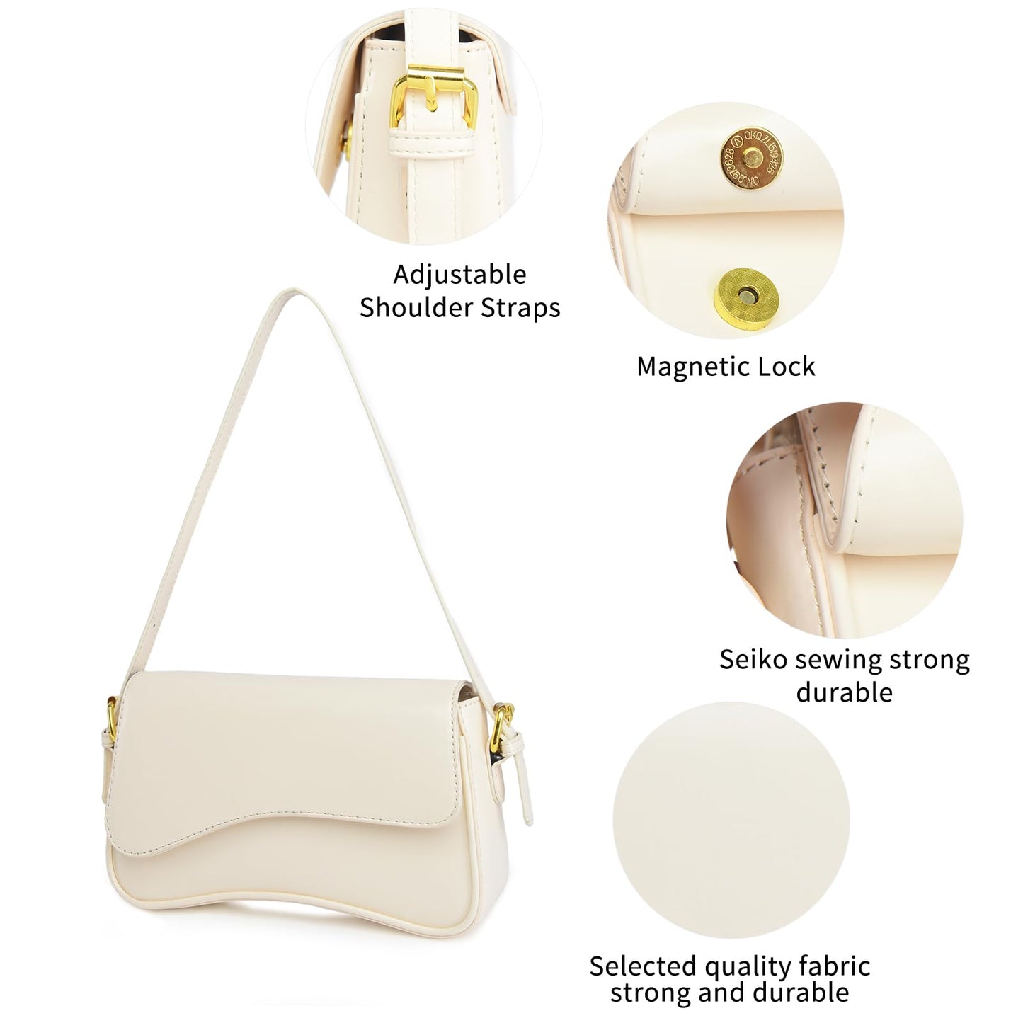 Shoulder Bag for women Clutch Purse Handbag PU Leather Tote Bag with 2 Removable Straps and Zipper Closure Crossbody Bags (A-White)