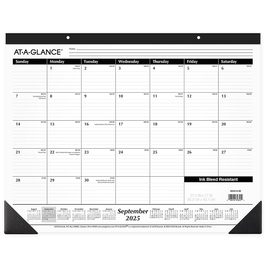 2025-2026 AT-A-GLANCE 21.75" x 17" Academic Monthly Desk Pad Calendar, White/Black (SK2416-00-26)