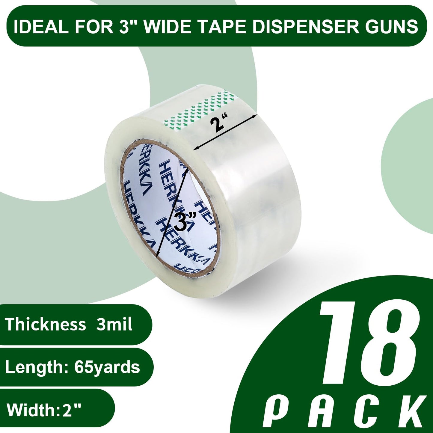 HERKKA Clear Packing Tape, 18 Rolls Heavy Duty Packaging Tape for Shipping Packaging Moving Sealing, 3Mil Thick Clear Packing Tape, 2 inches Wide, 65 Yards Per Roll, 1170 Total Yards