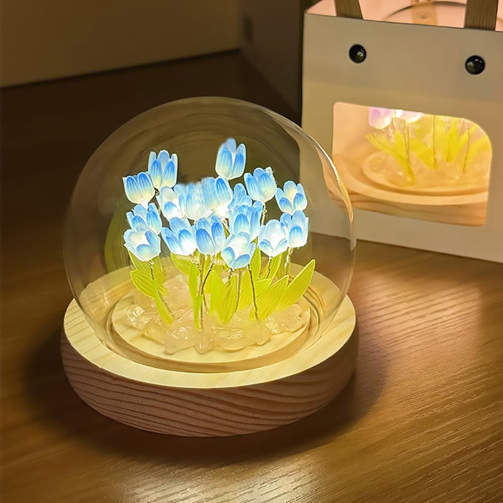 (20 Flower) Assembled Tulip Lamp Night Light with Glass Dome, Cool Handmade Artificial Flower Table Lamp Bedroom Desk Decoration for Women Girlfriend Sister Besties Birthday Gift Unique (Blue)
