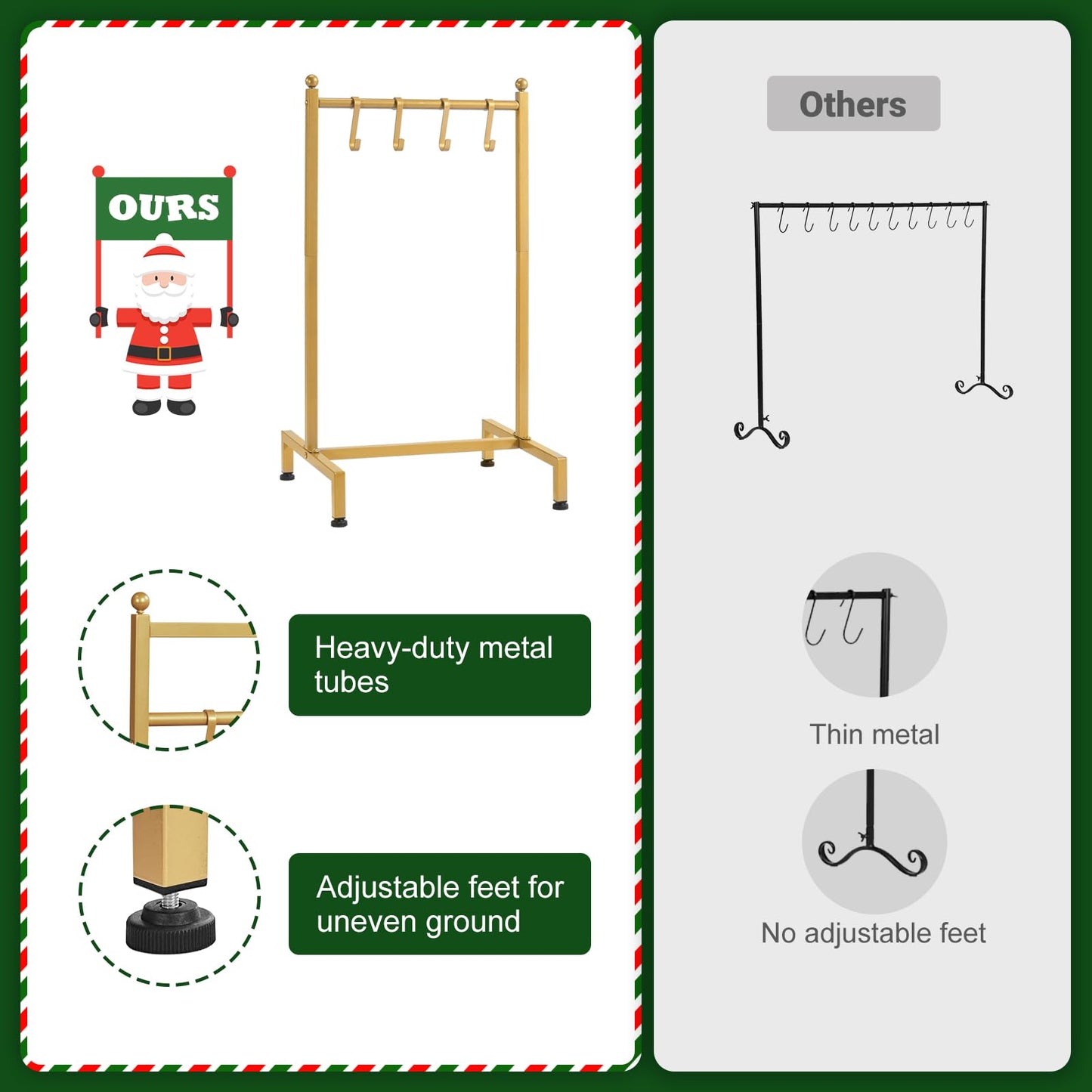 ELYKEN Christmas Stocking Holder, Free Standing Stocking Rack with 4 Removable Hooks, Small Stocking Stand, Heavy Duty Metal Tubes with Stable Base and Adjustable Feet, Gold
