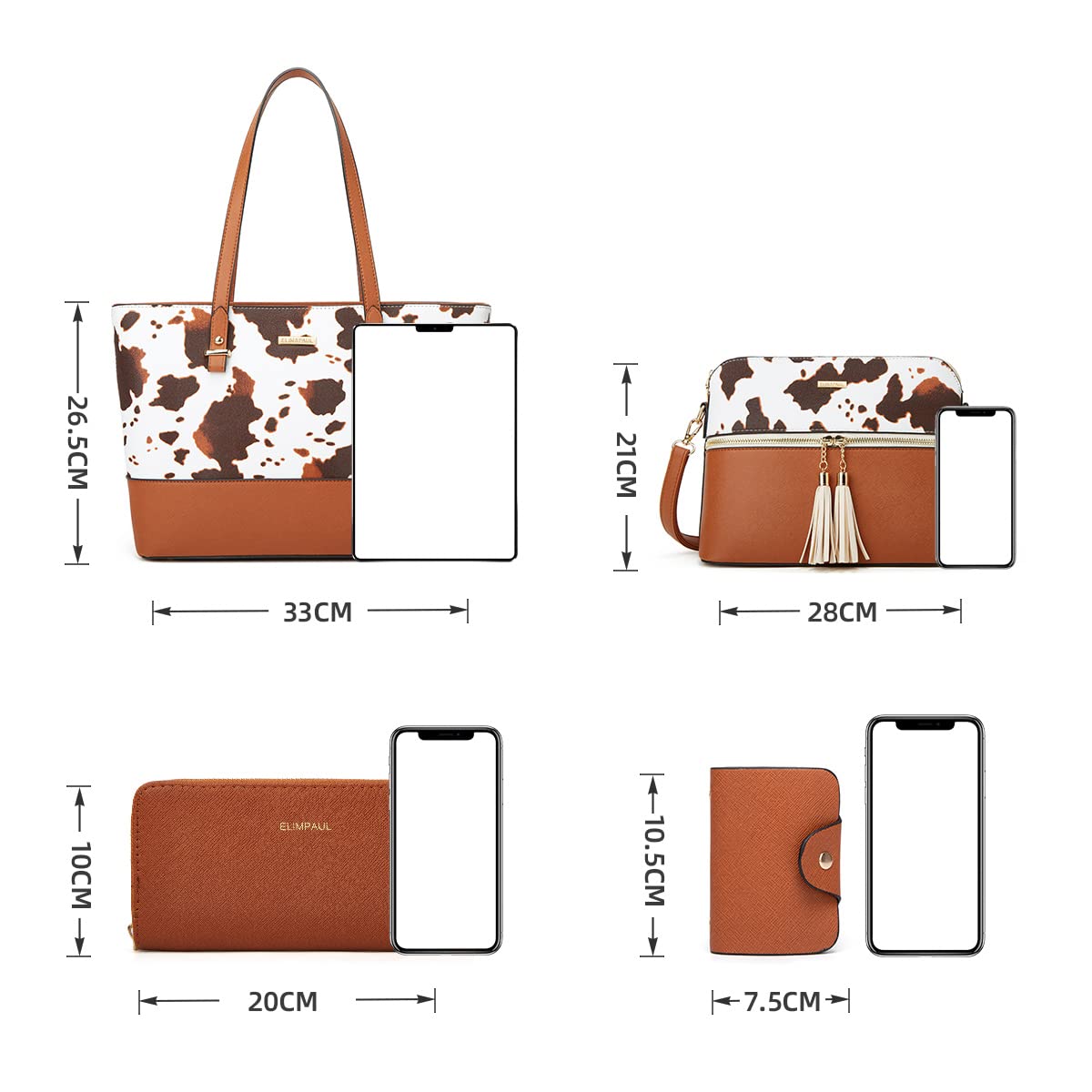 Women Fashion Handbags Wallet Tote Bag Shoulder Bag Top Handle Satchel Cow Print Purse Set 4pcs