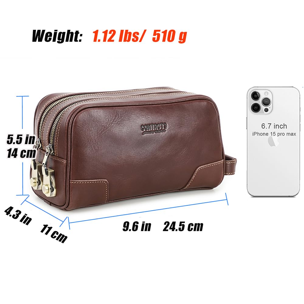 CONTACTS Full Grain Leather Toiletry Bag with Lock for Men Travel Bag Shaving Dopp Kit Organizer Clutch with Handle and Double Combination Lock