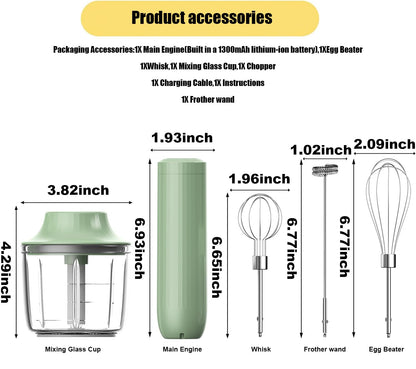 4-in-1 Electric Hand Mixer, Electric Whisk, Mini Onion Chopper 10Oz, Small Cordless Hand Blender, Milk Frother Wand for Coffee, Matcha, 4 Speed Rechargeable Food Processor for Baby Food Maker