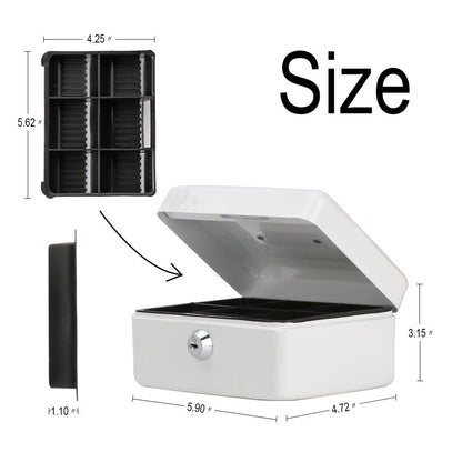 Decaller Small Cash Box with Key Lock, Double Layer Metal Money Box for Home Security, Portable Locking Box, 5.9" x 4.7" x 3.2", White