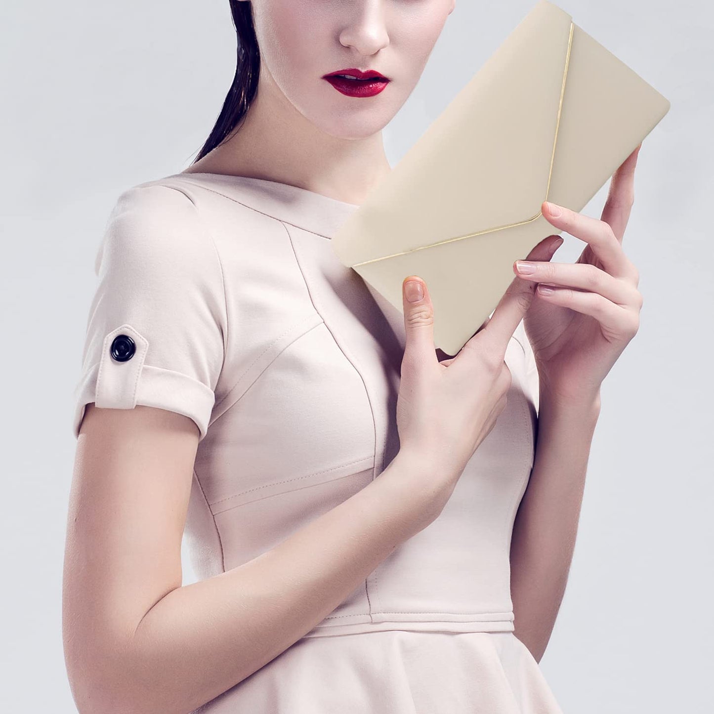 Vegan Leather Envelope Clutch Bag Classic Dressy Purse Foldover Evening Handbag Beige Medium