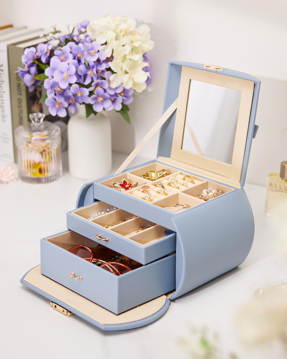 Homde Girls Jewelry Box Jewelry Storage Case Organizer Faux Leather with Mirror for Rings, Earrings, Bracelets, Necklaces (Grey Blue) - Gifts for Mother's Day