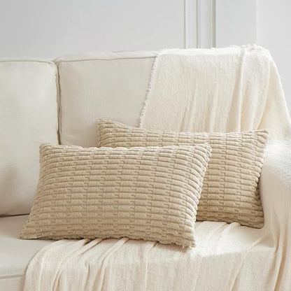 Fancy Homi Tan Lumbar Decorative Throw Pillow Covers 12x20 Inch for Living Room Couch Bedroom, Soft Corduroy Rectangle Solid Cushion Case 30x50 cm, Beige Rustic Farmhouse Boho Home Decor