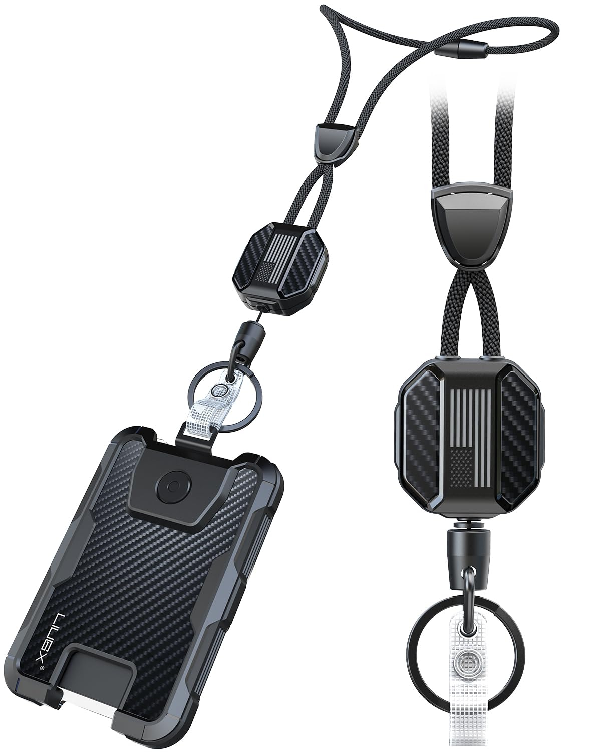 LIUGX Carbon Fiber Badge Holder with Retractable Breakaway Lanyard, American Flag, Badge Reel with Heavy Duty ID Card Holder (Holds 6 Cards) with 20" Retractable Cord, Keychain, 4.2 oz, Black
