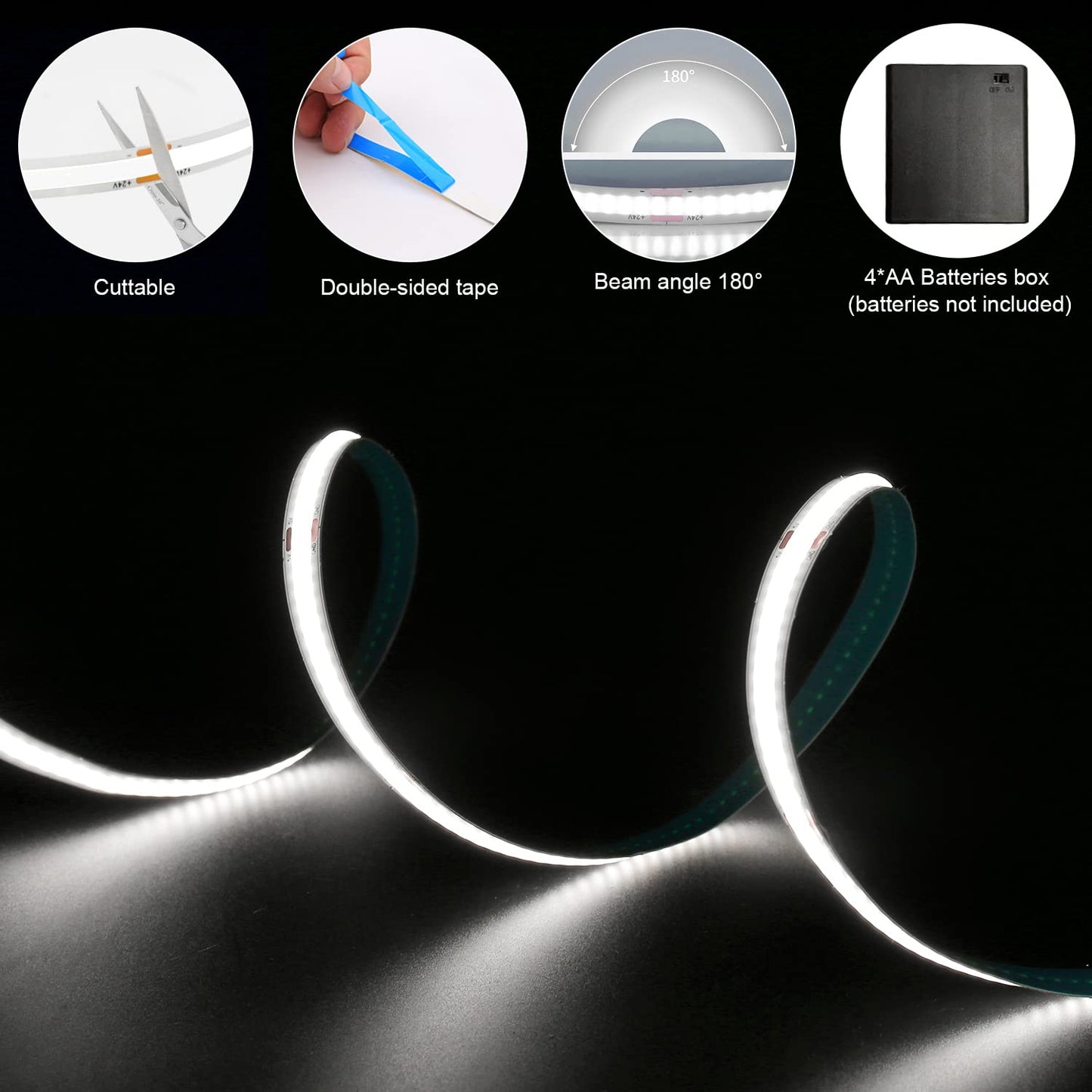 Smacen Battery Powered COB Led Strip Lights, 4.92Ft Battery Operated 6000K Cool White LED Strip Light, High Brightness Flexible LED Tape Lights for TV, Cabinet, Bedroom, Party, Home DIY Decoration