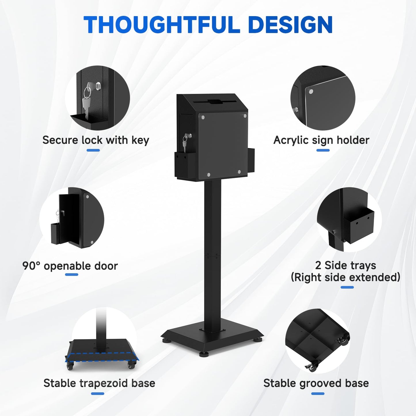 Freestanding Ballot Box Collection with Silent Caster Wheels: Secure and Versatile for Office, Charity, and Events – Includes Lock and Large Slot, Functions as Donation, Suggestion, and Offering Box.