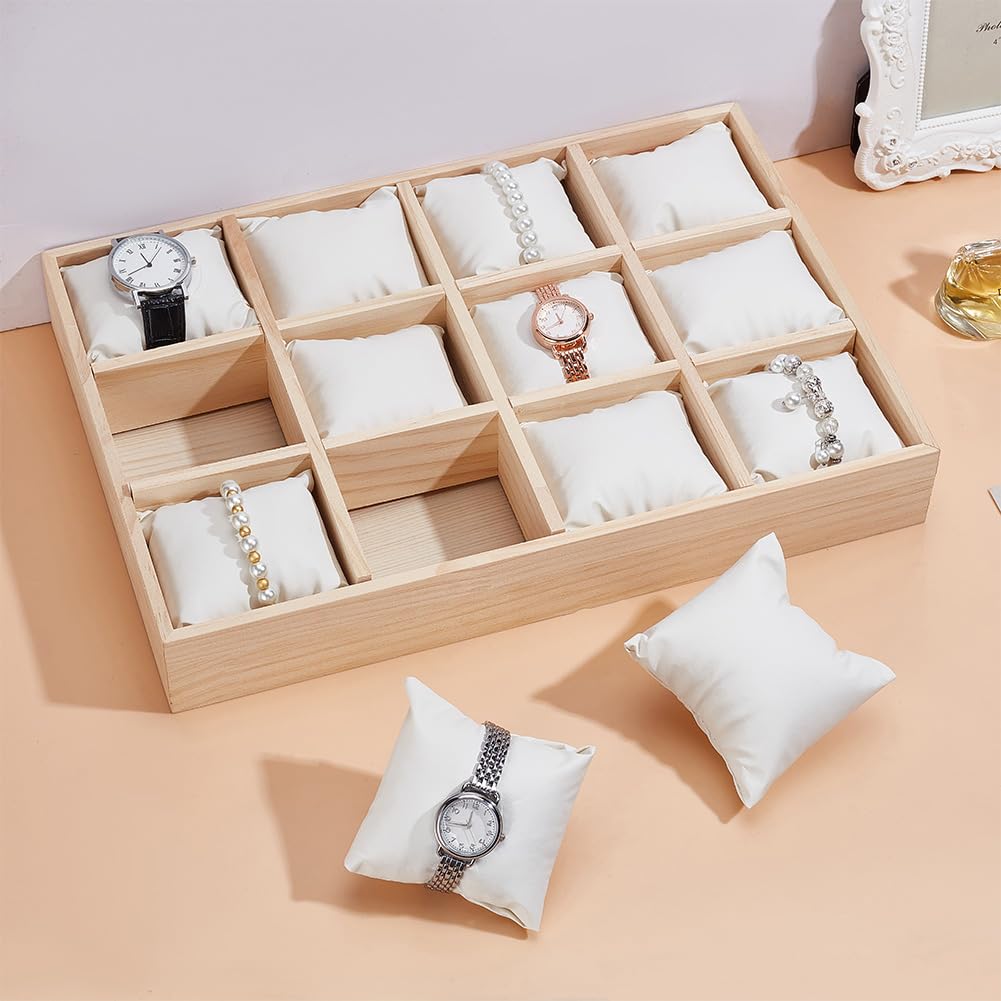 PH PandaHall 12 Slot Wooden Watch Organizer Tray Display Holder with Removable PU Leather Pillows, Stackable Jewelry Bracelet Storage Tray for Drawer Watch Display Showcase, White