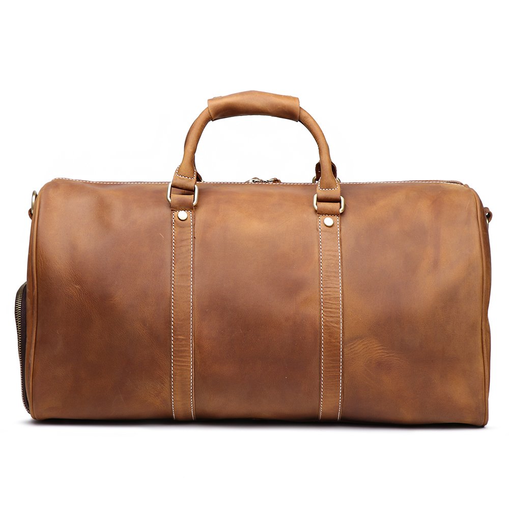 Leathfocus Leather Travel Luggage Bag with Ykk Zipper, Mens Duffle Retro Carry on Handbag (Brown)