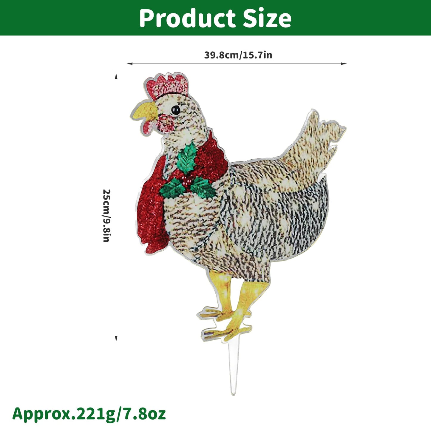 Plplaaoo Light Up Chicken Christmas Decoration with LED Lights – Light-Up Chicken Ornament with Scarf, Battery Operated Outdoor Lighted Chicken Decoration for Garden or Lawn(15.7x9.8in)