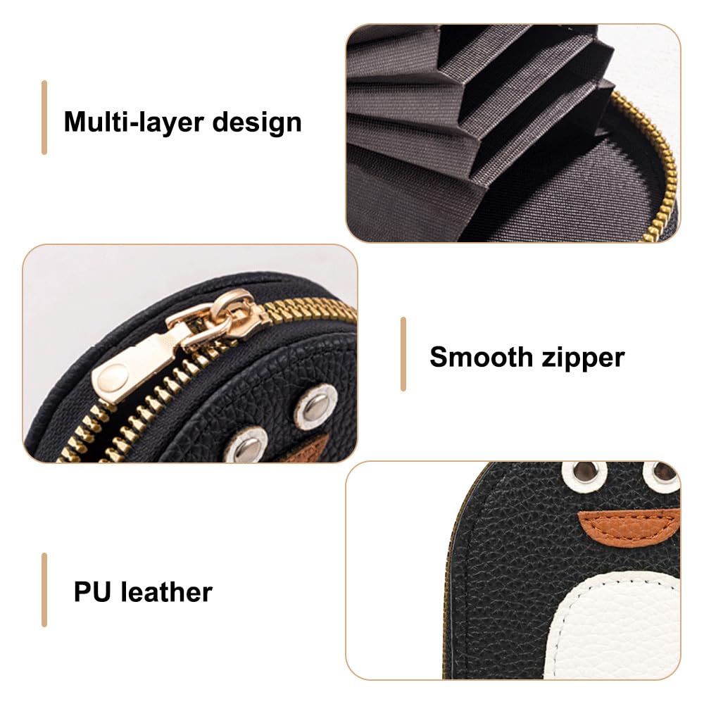 DONGKER Cute Penguins Card Coin Holder,PU Zippered Cartoon Penguin Accordion Card Wallet Built-in 11 Card Slots for Men Women