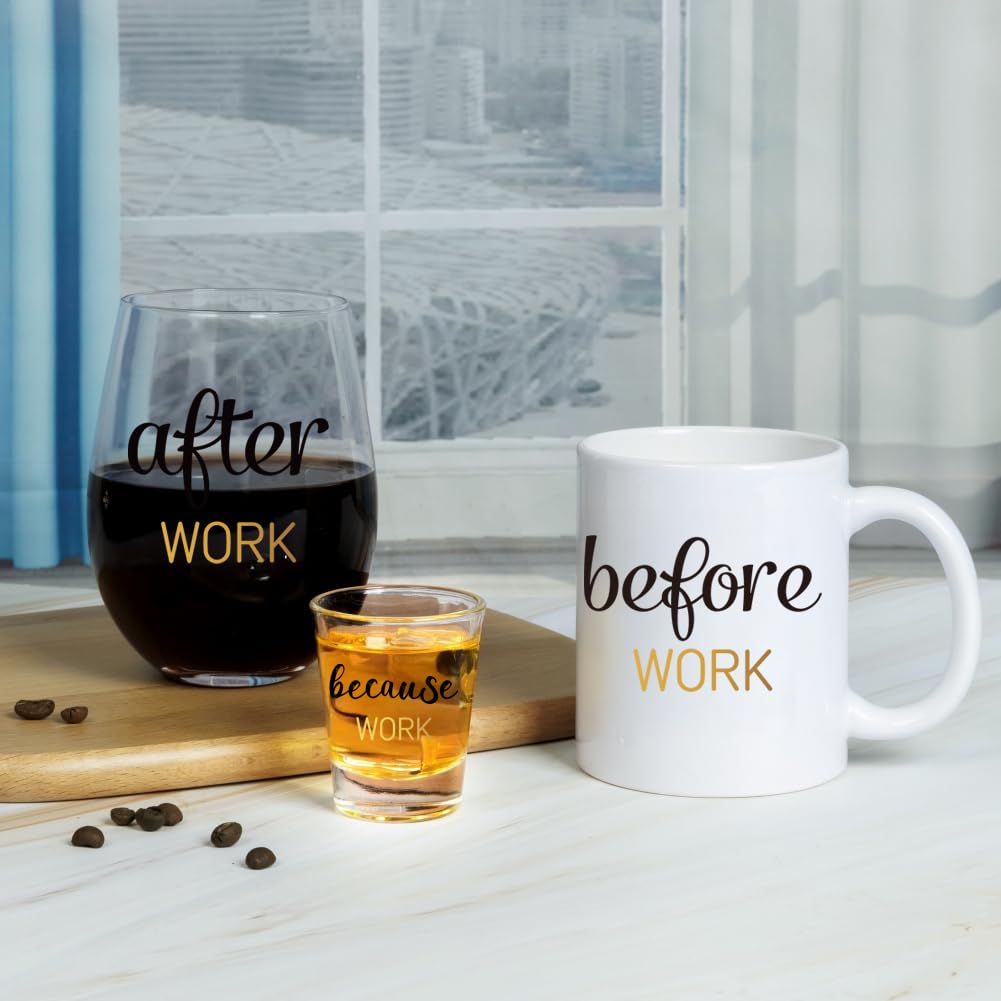 PUGED Before Work After Work Because Work Gift Set 11 oz Coffee Mug 18 oz Wine Glass 2 oz Shot Glass with Gifted Box for Coworkers Boss Office Gifts Bosses Day Christmas Farewell Party Gift (Black)