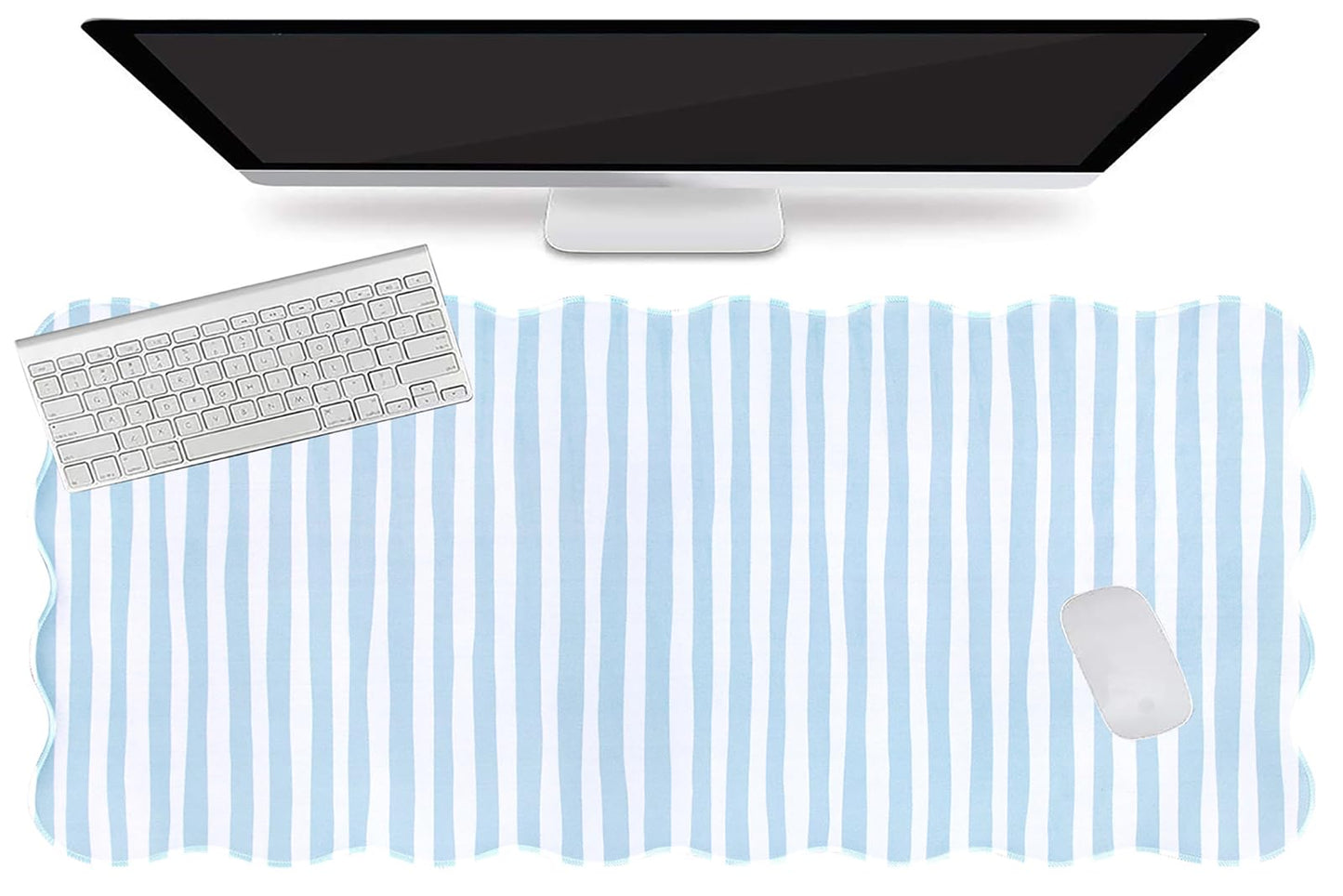L-SPOUTTO Blue Striped Mouse Pad,Scalloped Desk Mat XXL Large Geometric Gaming Mousepad,35.4x15.7in Non-Slip Rubber Base Keyboard Pad Waterproof Desktop Mat for Laptop Computer Game Home Office