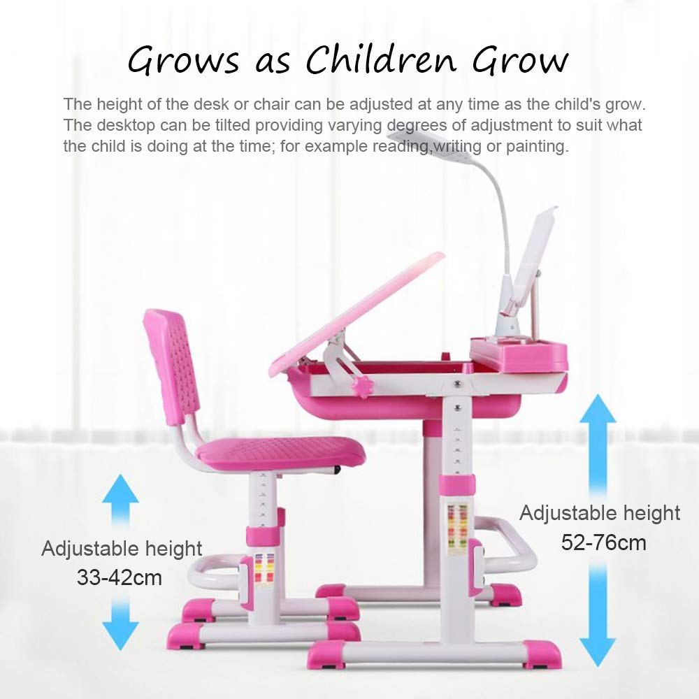 LVYUAN Kids Functional Desk and Chair Set, Ergonomic Height Adjustable Children School Study Desk with Tilt Desktop, Book Stand, LED Light, Metal Hook and Storage Drawer for Boys Girls(Pink)