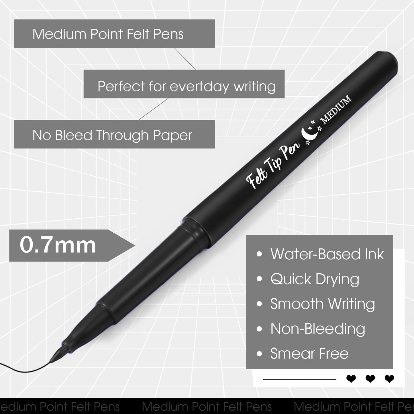 Fuyoooo 50 Pcs Felt Tip Pens Bulk Medium Point 0.7mm Marker Pen Fine Point Felt Fineliner Planner Marker for Journaling, Note Taking, Planner(Black)