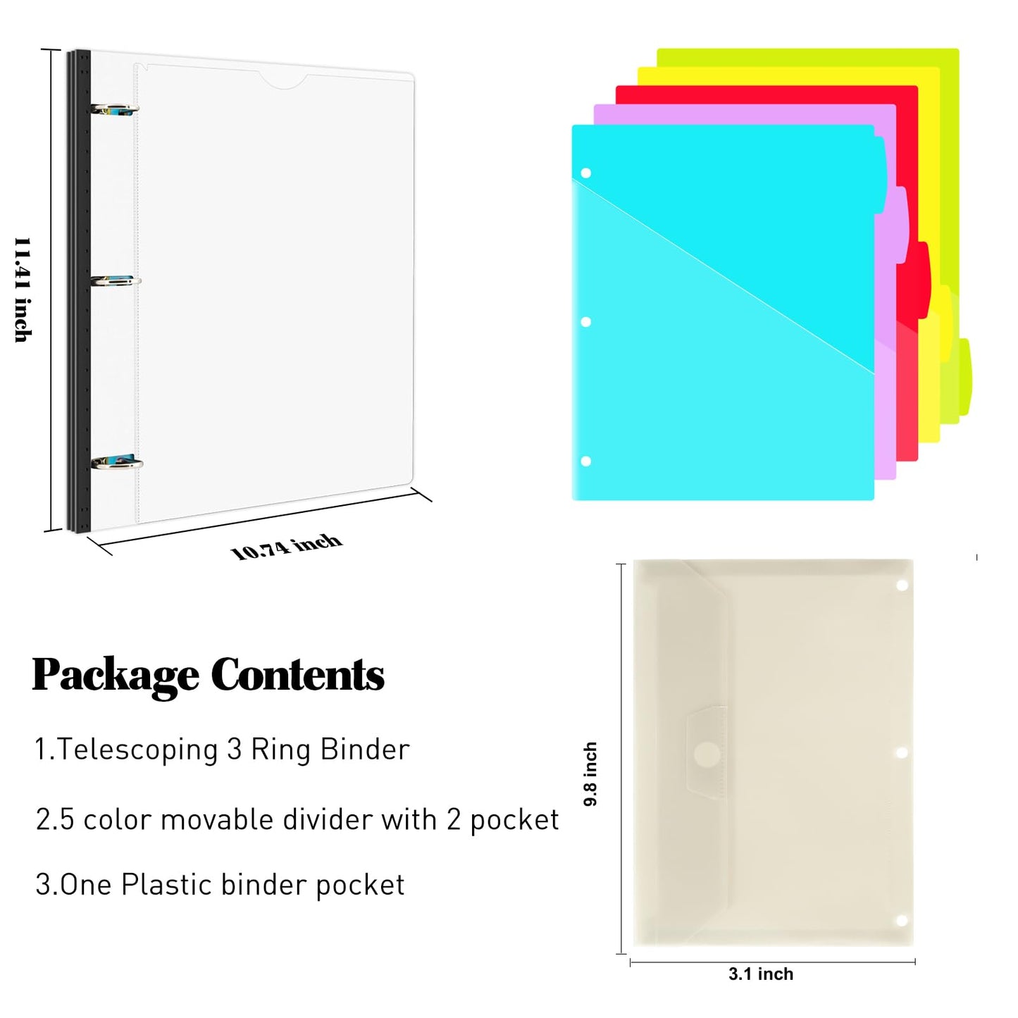 INFUN 1 Inch 3-Ring Telescoping Project Organizer Binder, 13 Pocket, Customizable Front Cover, 5 Color Dividers, Plastic Pocket, 225 Sheet Capacity-White