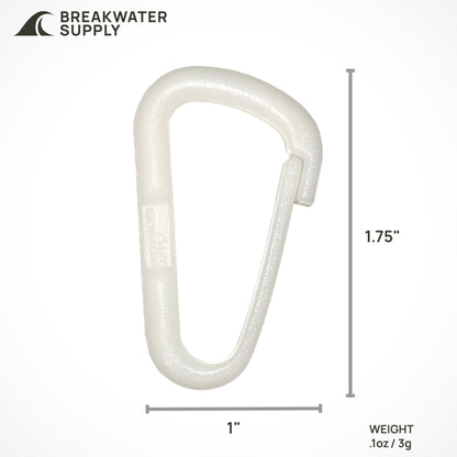 Breakwater Supply™ Hingeless Glow in the Dark Carabiner Hooks 4 Pack, Small 2-inch Gear Attachment Clips for Keys, Water Bottle, Backpack, MOLLE + Ultralight, D-Ring, D-Shape (White with Green Glow)