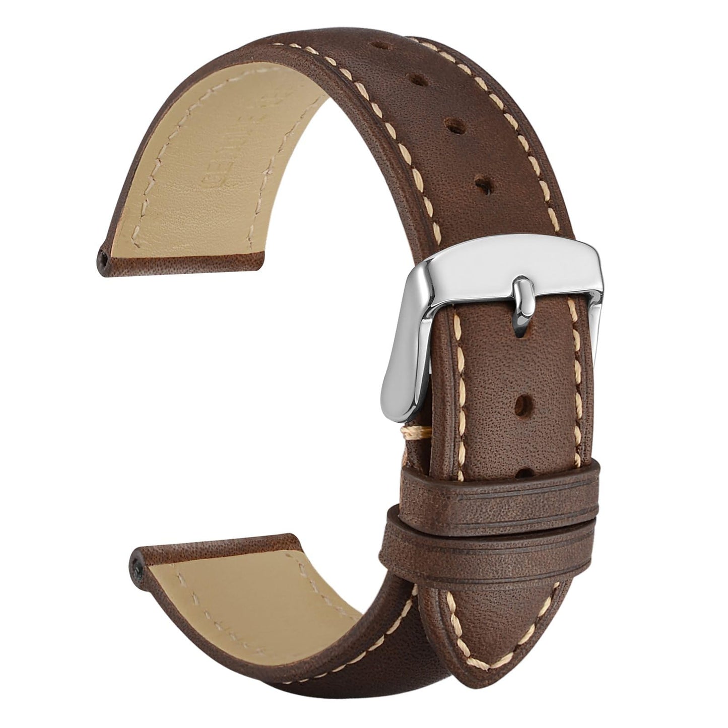 WOCCI 23mm Vintage Leather Watch Band for Men and Women, Silver Buckle (Dark Brown/Contrasting Stitch)