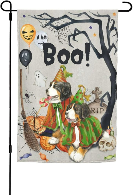 Bernese Dog Halloween Boo Pumpkin Garden Flag Welcome Party Outdoor Outside Decorations Picks Home House Garden Yard Decor 12x18 Inch