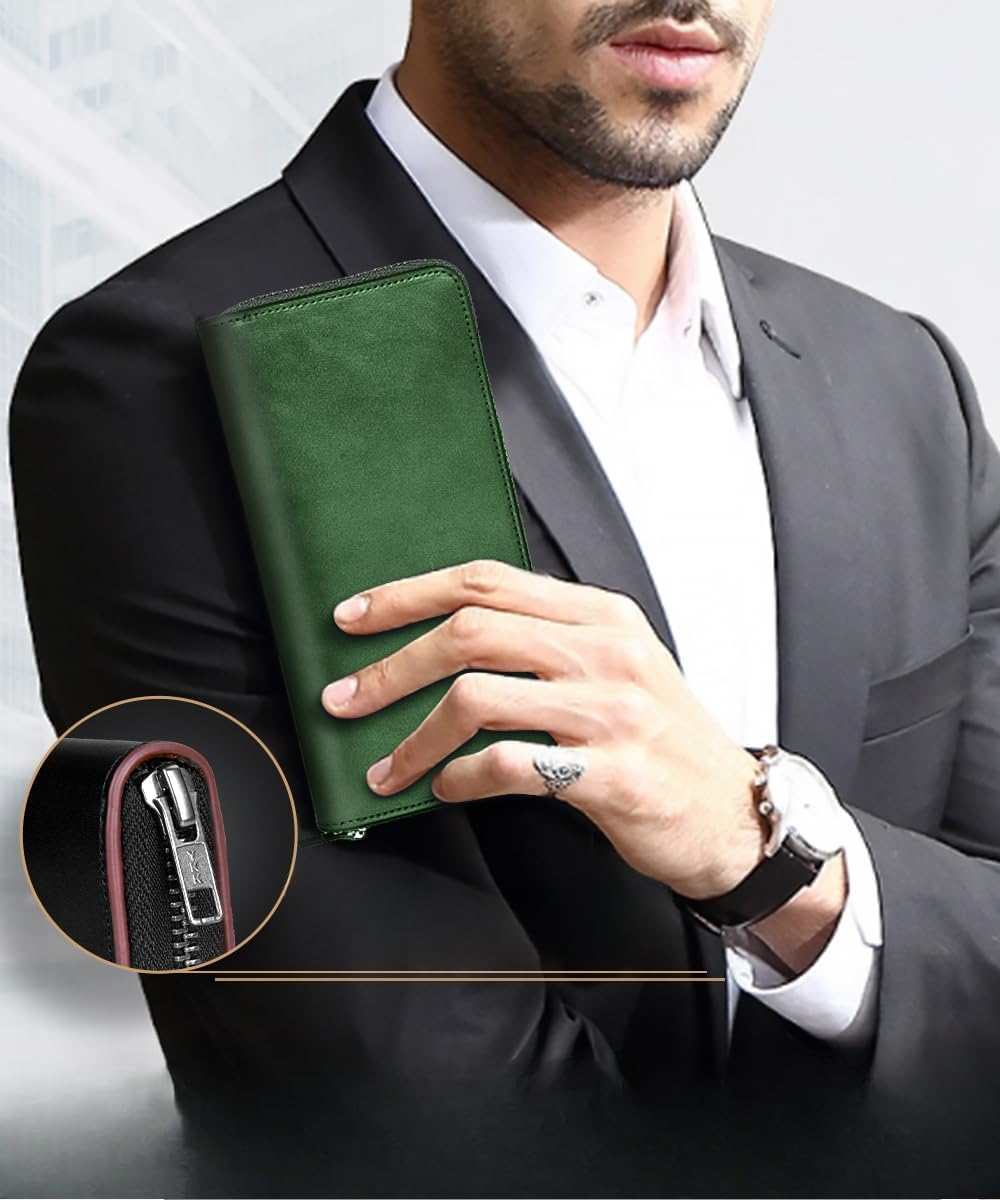 Extended Zippered Pouch Wallet in Genuine Leather, Unisex Design with Integrated Coin Purse (Green)
