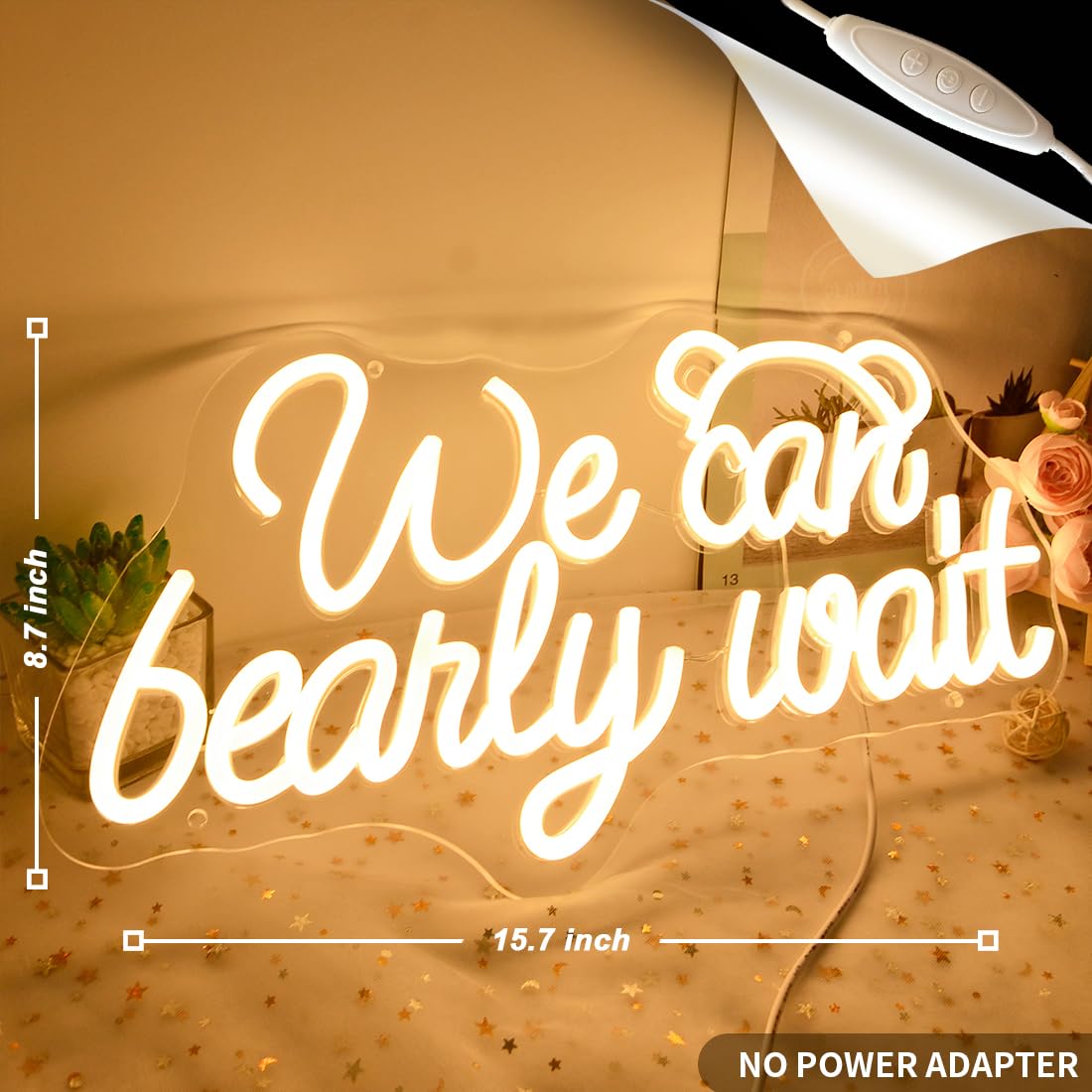 Planzo We Can Bearly Wait Led Neon Light SIgn Baby Shower Wedding Baby Kids Room Nursery Bedroom Hanging Wall Sign Decor USB Bear Light Up Sign 15.7"x8.7"