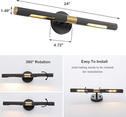 Modern Picture Light 24 inches Brushed Brass Gold Black Wall Sconce with Knurled Texture Cylinder Metal Shades Rotatable 360°Indoor Wall Lighting Fixture for Bathroom Vanity Lights Bedroom