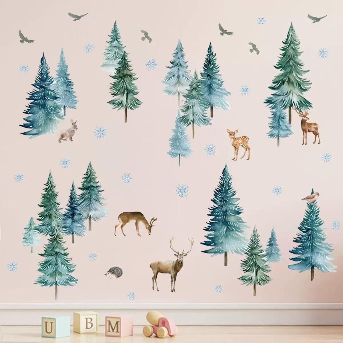MuralMood Large Christmas Tree Wall Stickers， Pine Tree Forest Deer Elk Kids Bedroom Holiday Decor，Xmas Snowflakes Woodland Animals Birch Birds for Nursery Living Room Offices Home Bedroom