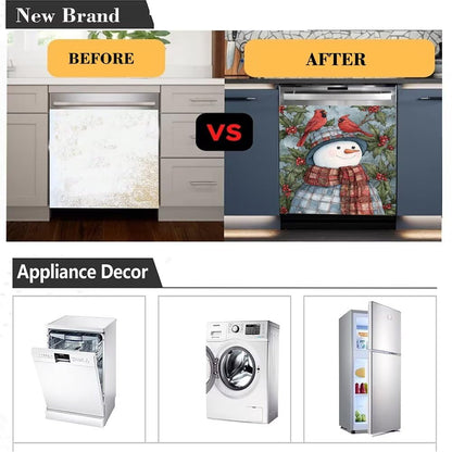 Snowman Dishwasher Magnet Cover - Holiday Kitchen Christmas Decorative, Cardinal Birds Magnetic Dishwasher Cover, Xmas Wreath Decal Dishwasher Magnetic Sticker, 23"x26"