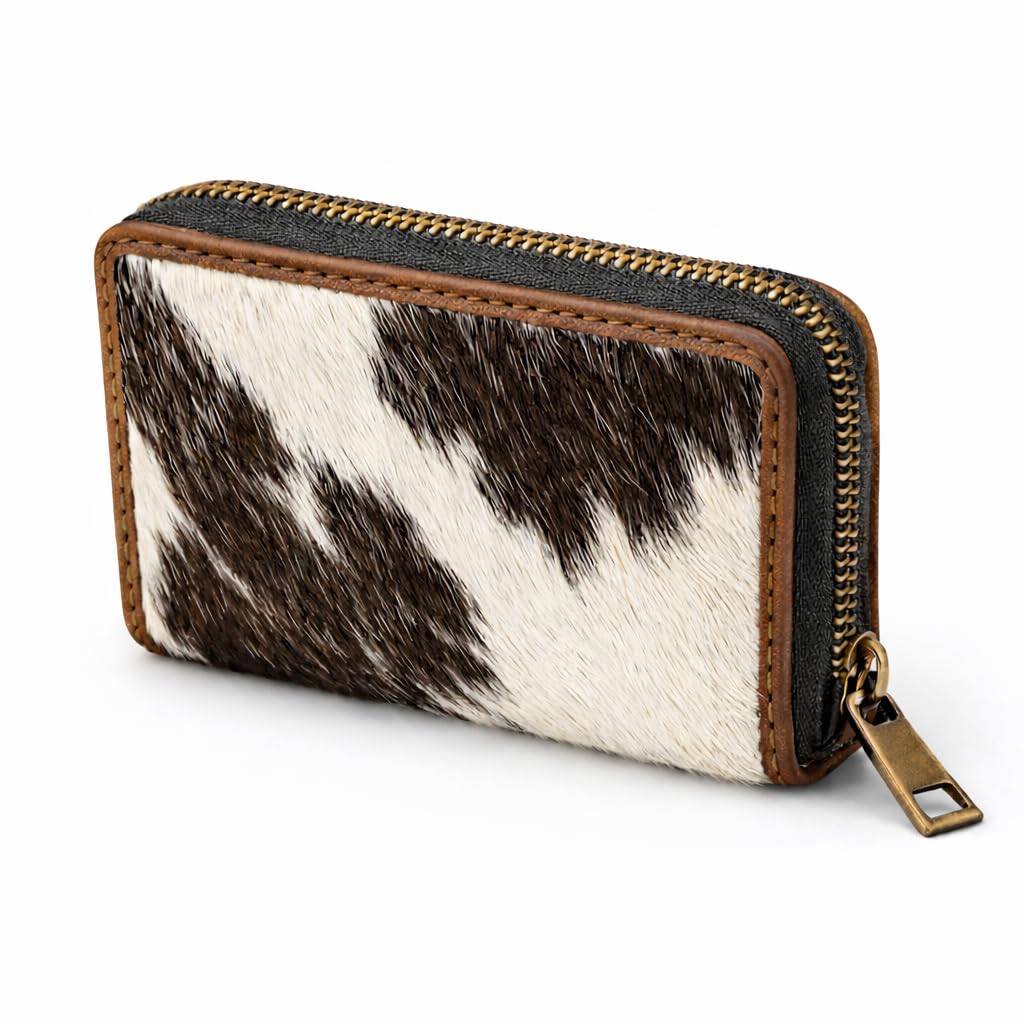ESS Cowhide Leather Hair-On Wallet Women Small Zip Accordion Card Holder RFID Compact Organizer with Coin Pocket Secure Zipper Stylish Gift Pouch Minimal Everyday Carry