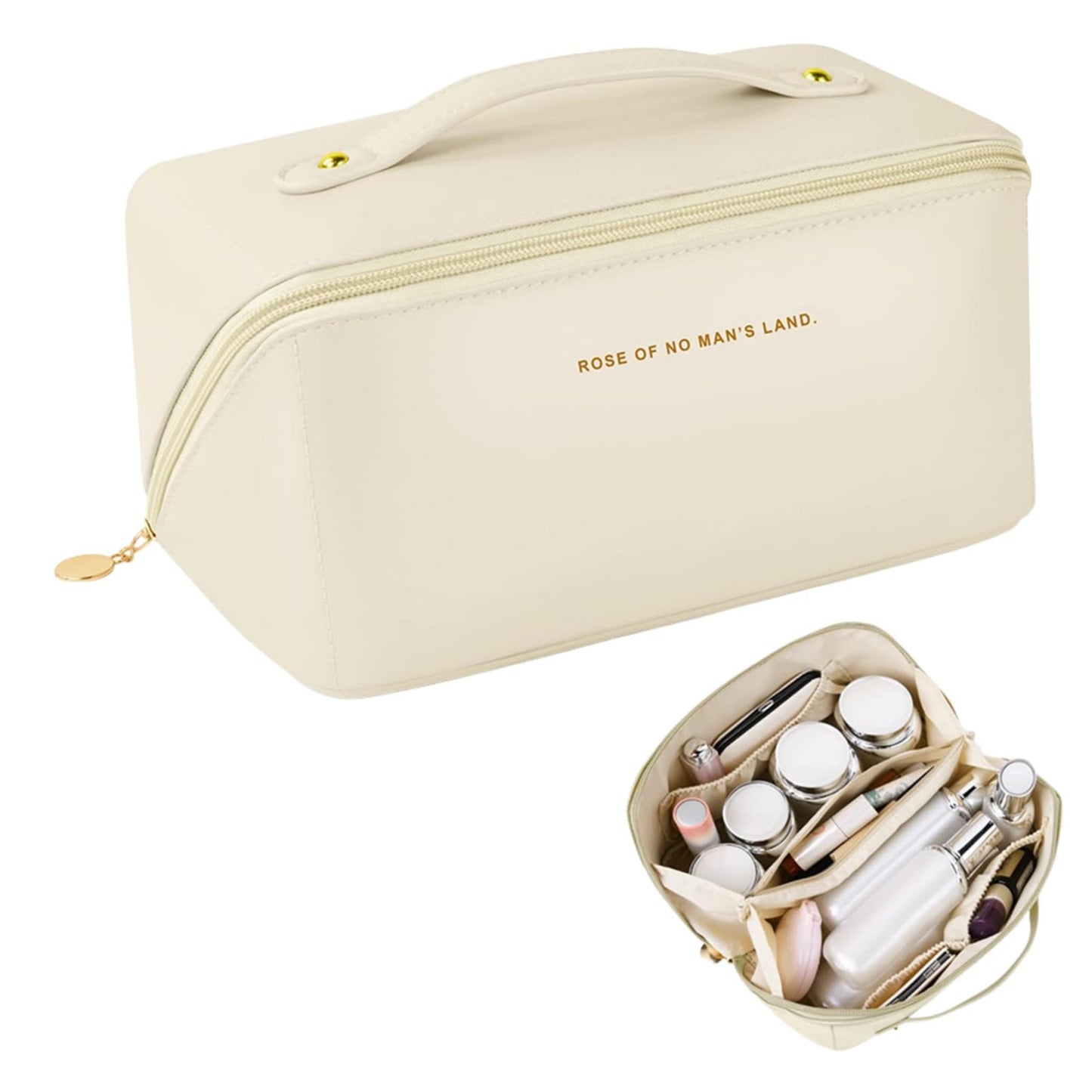 Shonchii Travel Makeup Bag, Large Capacity Cosmetic Bags for Women,Waterproof PU Leather Toiletry Bag,Open Flat Make Up Bag Organizer with Handle