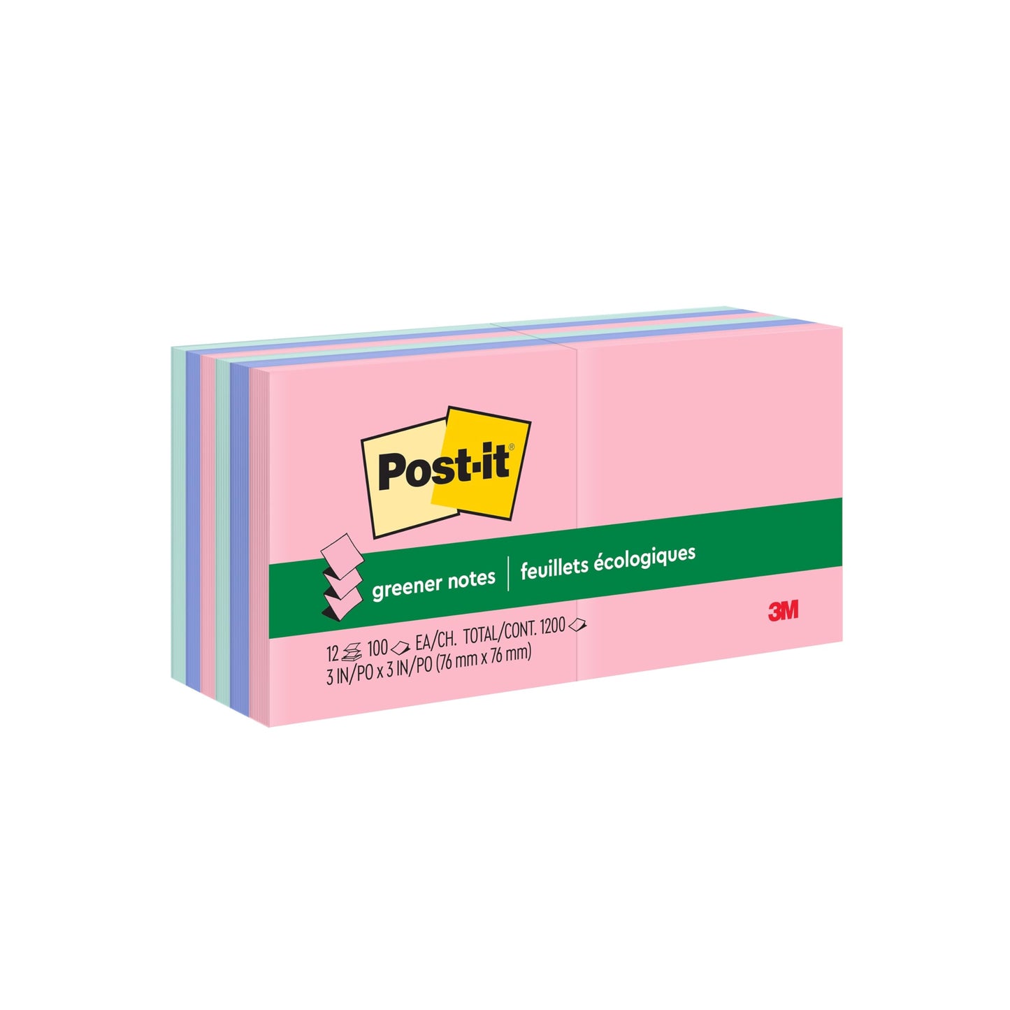 Post-it Greener Pop-up Notes, 12 Sticky Note Pads, 3 x 3 in., Made with 100% Recycled Paper, Accordion Sticky Notes Work with Pop-Up Note Dispenser, Sweet Sprinkles Collection