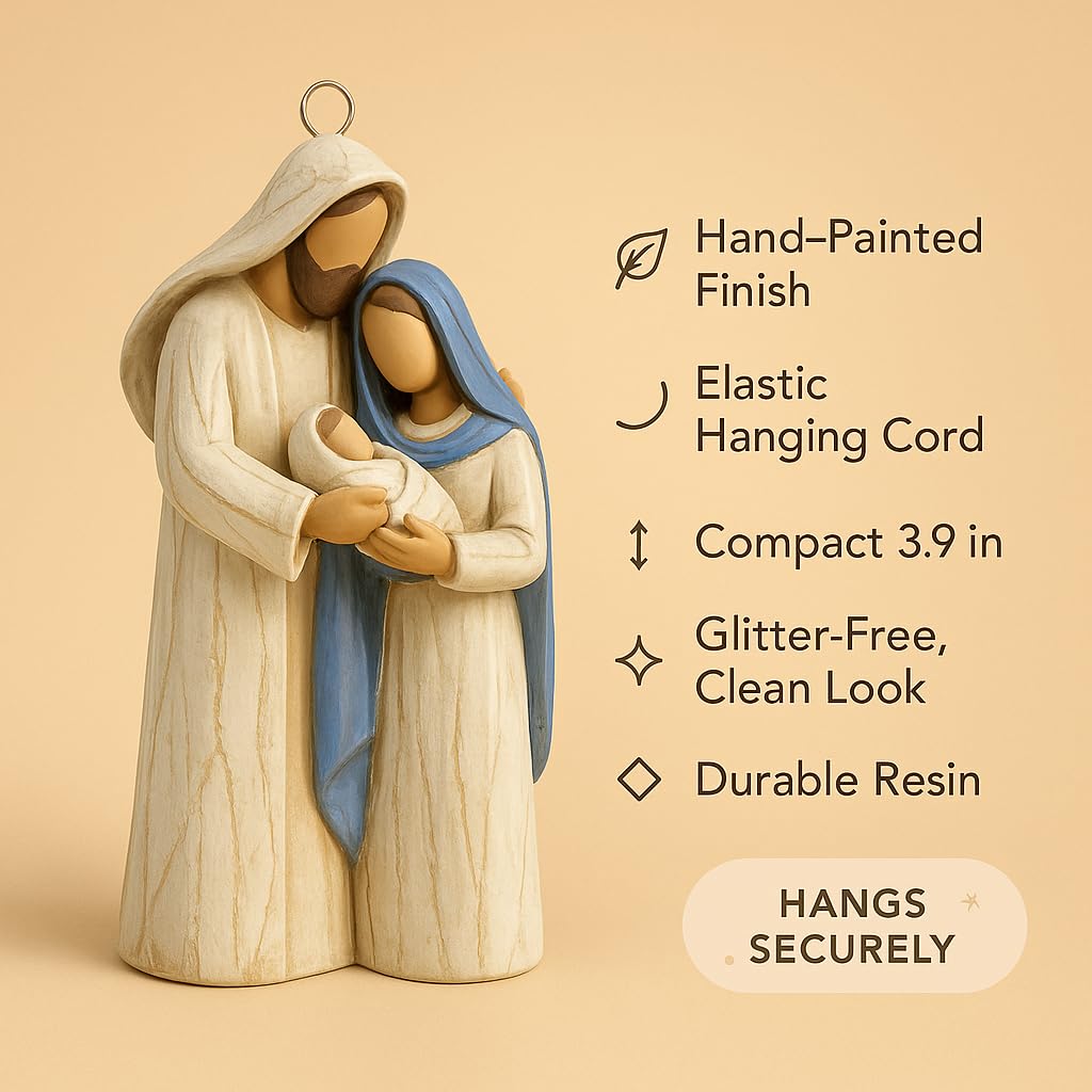 Holy Family Nativity Scene Hanging Christmas Ornament – Hand-Painted Resin Décor Religious Gift Keepsake for Xmas Tree or Wreath, Mary Joseph and Baby Jesus Figurine (Holy Family)