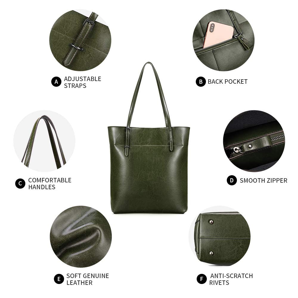 Kattee Vintage Genuine Leather Tote Shoulder Handbag for Woman with Adjustable Handles (Green)