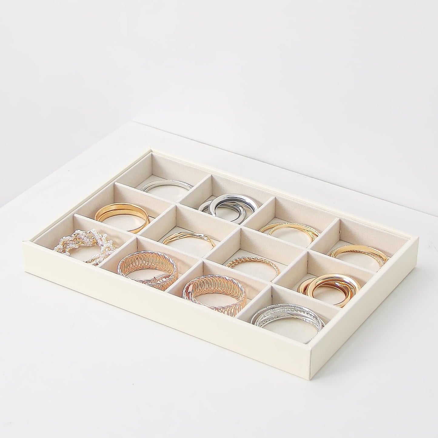 Ausalivan Stackable Jewelry Organizer Tray For Drawers,White Leather Small Earring Storage Tray,Bracelet And Necklace Display Box,Jewelry Ring Display Case (12 Grids)