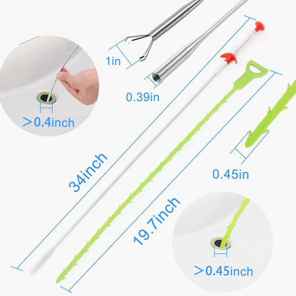 Snake Drain Hair Clog Remover Tool,34 Inch Stainless Steel Claw and 3 Pack 19. 7 Inch Plastic Sink Unclogger Tool, Sink Drain Cleaner for Kitchen, Tub Toilet (3+1)