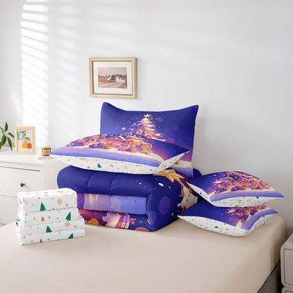 Manfei Merry Christmas 7 Pieces Comforter Set Full,Rustic Cabins Xmas Tree Gift Bedding Set for Bedroom Decor,Snow Winter Outdoor（Comforter+Fitted+Flat Sheet+2 Pillowcases+2 Throw Pillow Covers）
