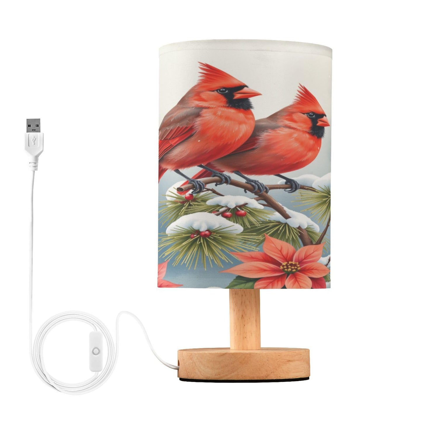 Christmas Flowers Winter Cardinals Table Lamp Bedroom Bedside Night Reading Desk Lamps Cylinder Nightstand Sleeping Light Lamp for Xmas Party Living Room Office Decor