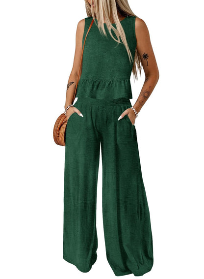 Dokotoo Pants Sets Women 2 Piece Outfits Sleeveless Round Neck Tank Tops Matching Sets for Women Elastic Waist Wide Leg