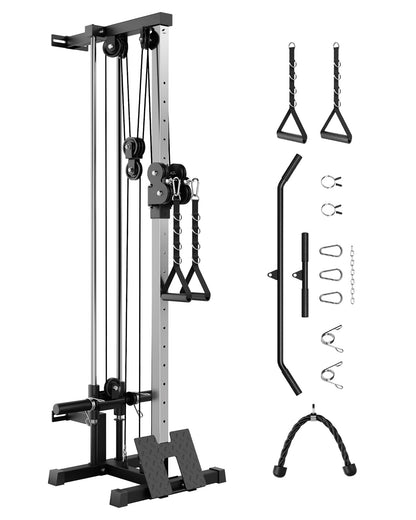 Garvee Wall Mount Cable Station, LAT Pulldown Machines with 19 Positions Dual Pulley System, Cable Crossover Machine with Adjustable Footplate, T-Bar and More Attachments, Workout Equipment Home Gym