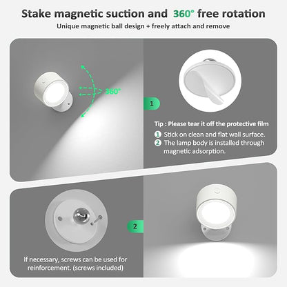 LED Wall Sconces 2 Pcs with Remote, Wall Mounted Lights Rechargeable Battery Operated, 3 Color Temperatures & Dimmable Wall Lamp Magnetic 360° Rotation Light for Bedroom Living Room