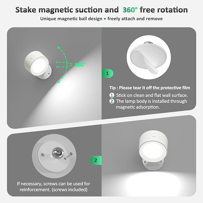 LED Wall Sconces 3 Pcs with Remote, Wall Mounted Lights Rechargeable Battery Operated, 3 Color Temperatures & Dimmable Wall Lamp Magnetic 360° Rotation Light for Bedroom Living Room