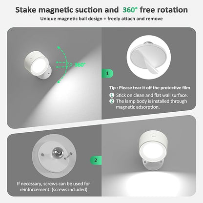 LED Wall Sconces 3 Pcs with Remote, Wall Mounted Lights Rechargeable Battery Operated, 3 Color Temperatures & Dimmable Wall Lamp Magnetic 360° Rotation Light for Bedroom Living Room