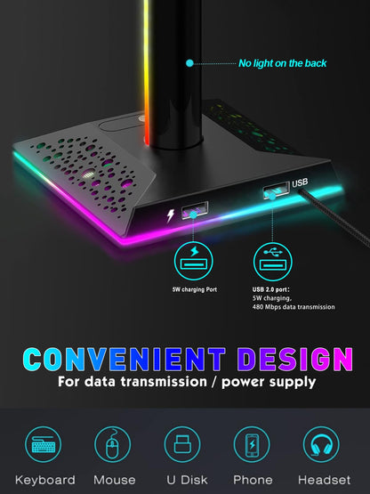 V VCOM RGB Gaming Headphones Stand with 2 USB Ports Headset Stand with 10 Light Modes and Non-Slip Rubber, Suitable for All Earphone Accessories, Best Gift for Husband, Kids, Boyfriend