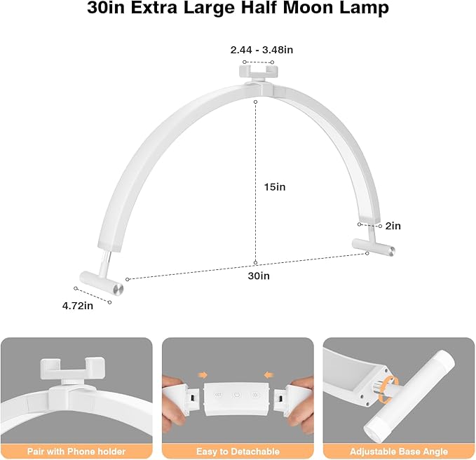 Nail Light for Desk, 30'' LED Half Moon Lamp for Nail Techs, Manicure and Handicraft, Adjustable Color Modes and Brightness, with Phone Holder (White)